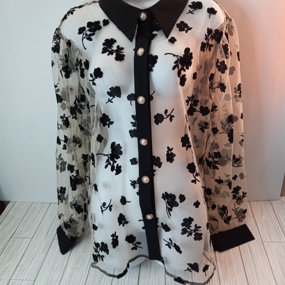 Shein Curve Floral Print Bishop Sleeve Mesh Top